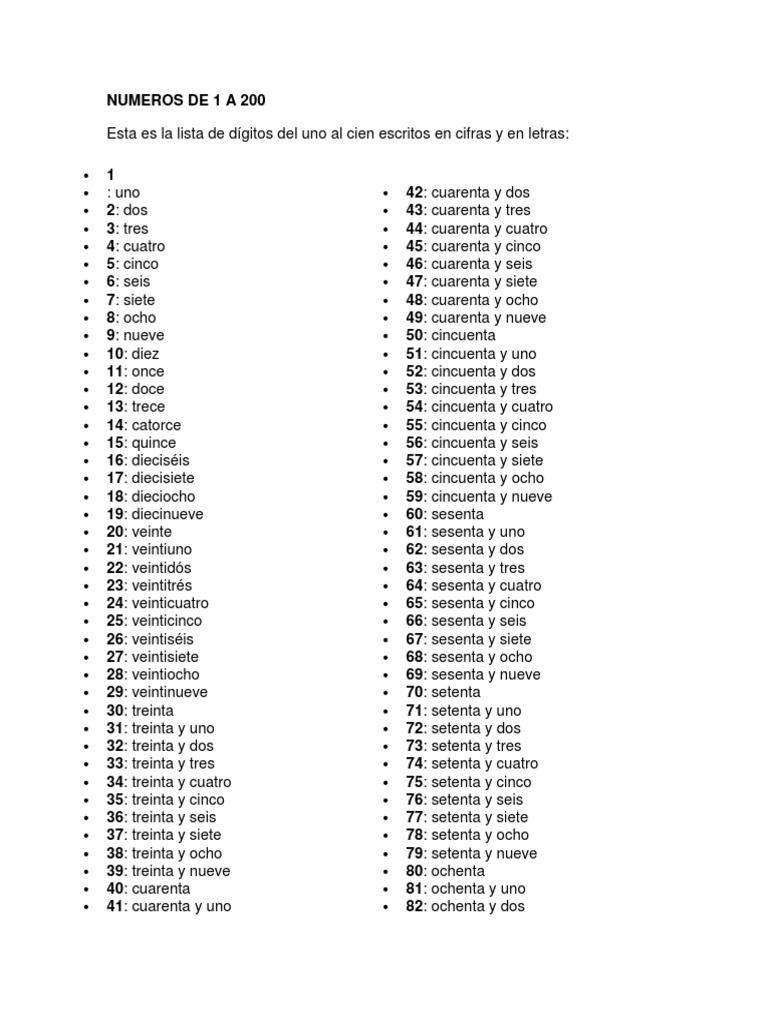 Numeros De 1 A 200 Con Letras