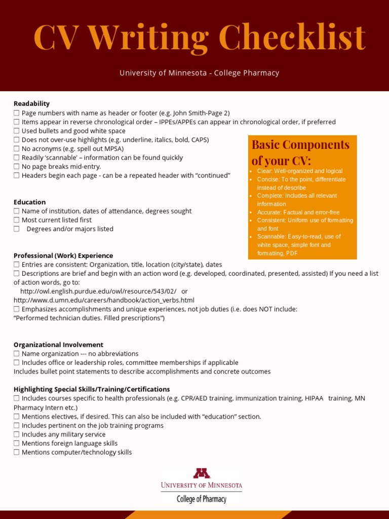 CV Writing Checklist | PDF | Pharmacy | Health Care