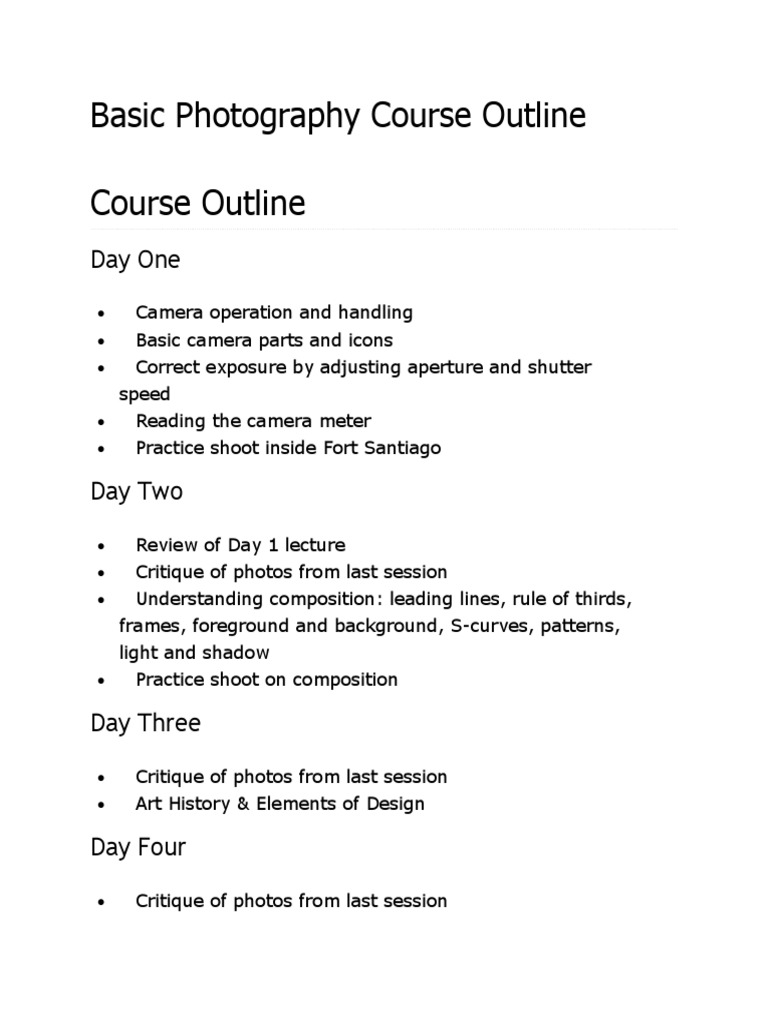 Basic Photography Course Outline | PDF