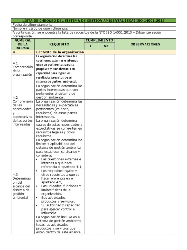 Lista de Cheuqeo ISO 14001-2015 | PDF | Planificación | Business