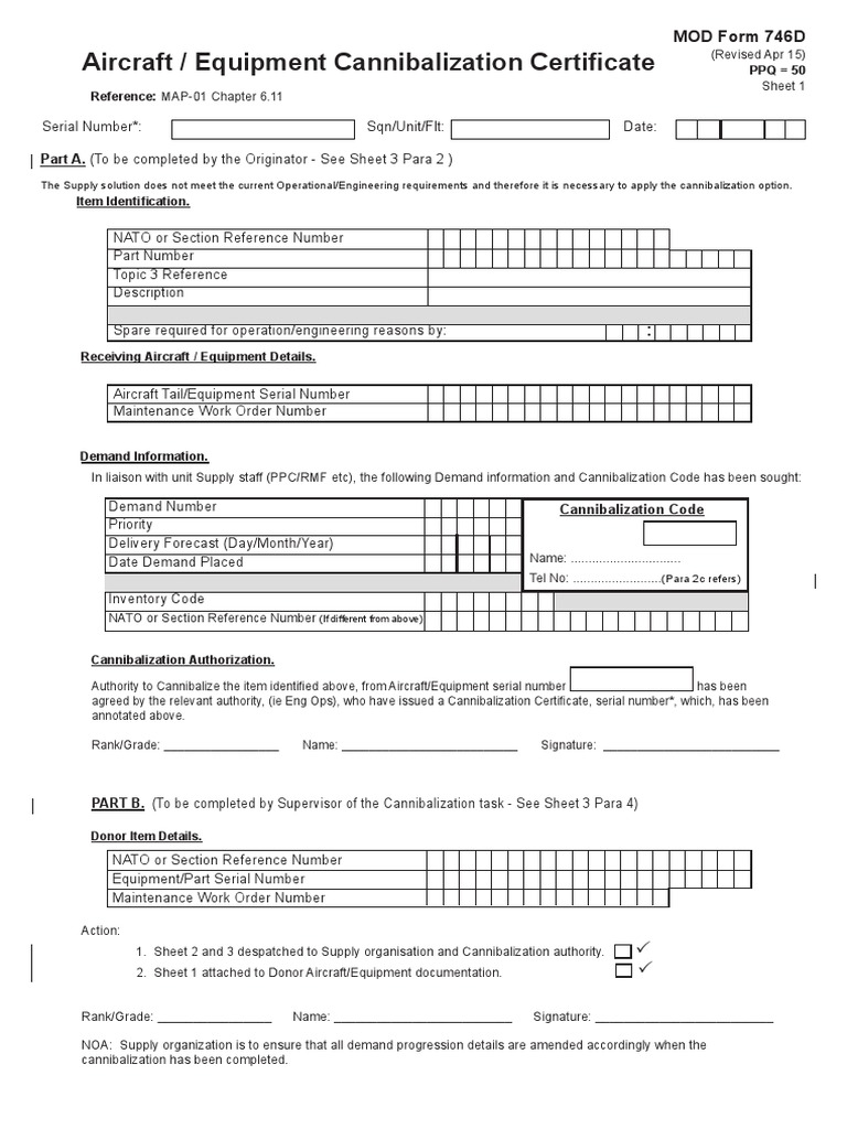 Aircraft / Equipment Cannibalization Certificate: Part A. (To Be ...