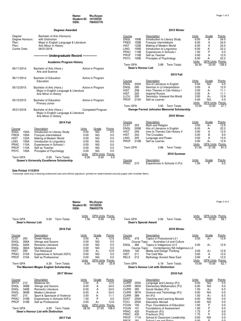 Keyan Wu's Queen's University Transcript | PDF | Bachelor Of Arts ...