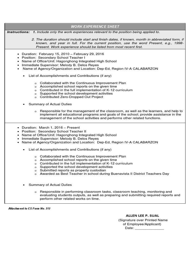 Work Experience Sheet for Teachers | PDF | Teachers | Curriculum