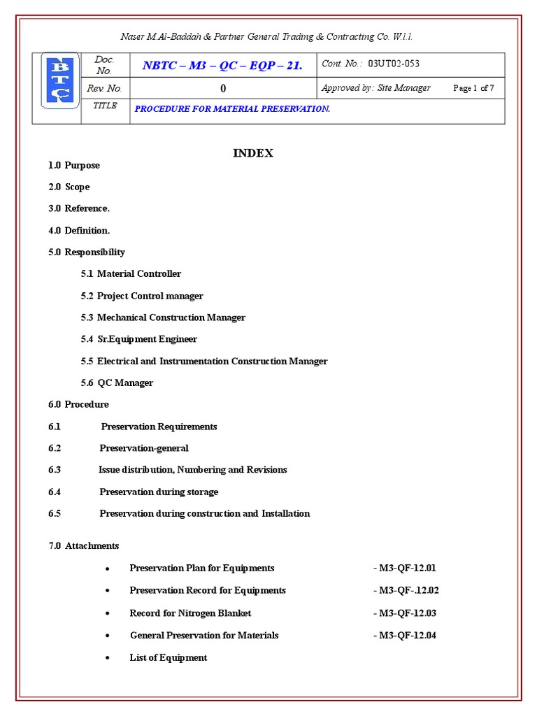 Procedure For Material Preservation PDF Construction Management
