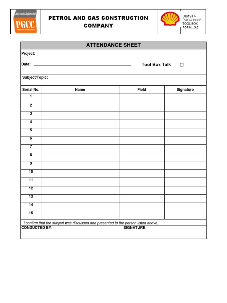 Tool Box Meeting Form PDF