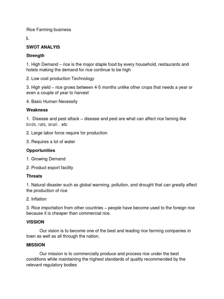 I. Swot Analyis Strength | PDF | Rice | Agriculture