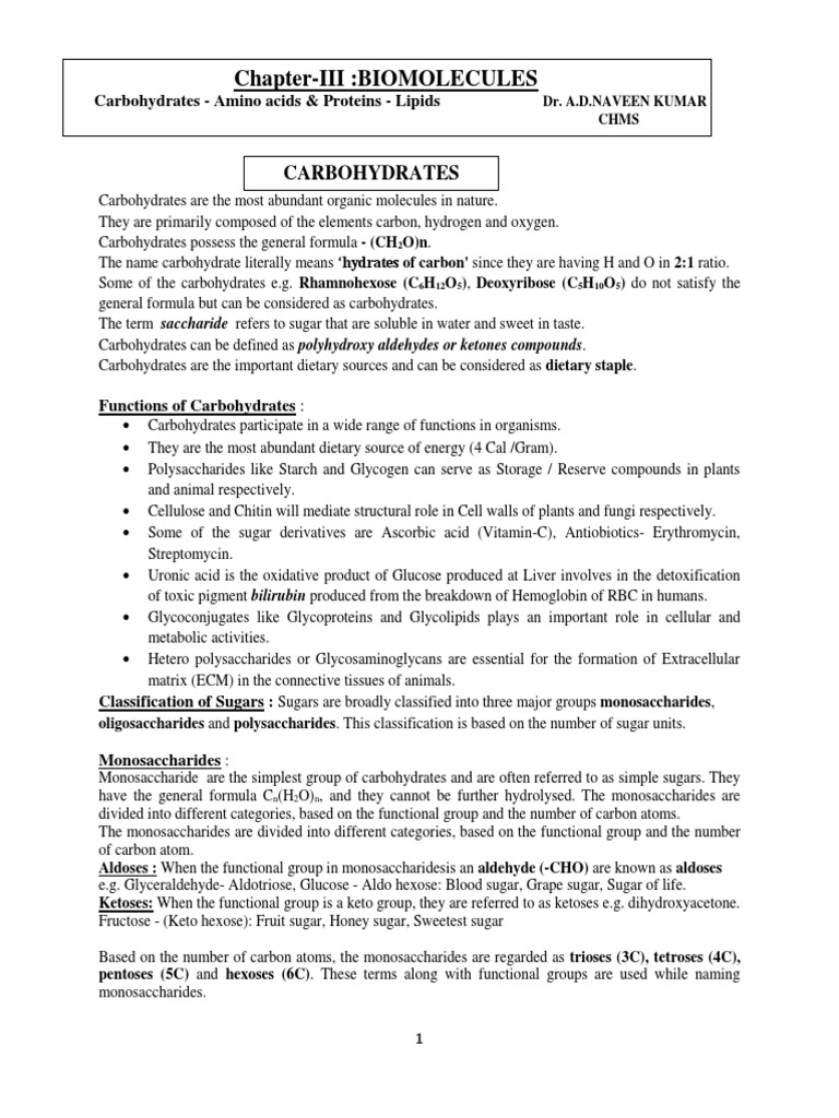 Chapter Iii Biomolecules Carbohydrates Pdf Carbohydrates Lipid