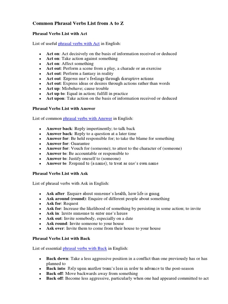 A to Z Common Phrasal Verbs List | PDF | English Language