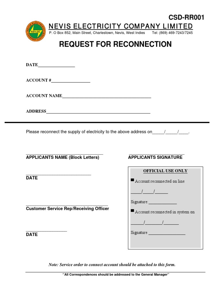 Request For Reconnection: Nevis Electricity Company Limited | PDF