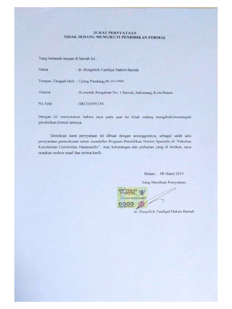 15 Surat Pernyataan Sedang Tidak Mengikuti Pendidikan Formal