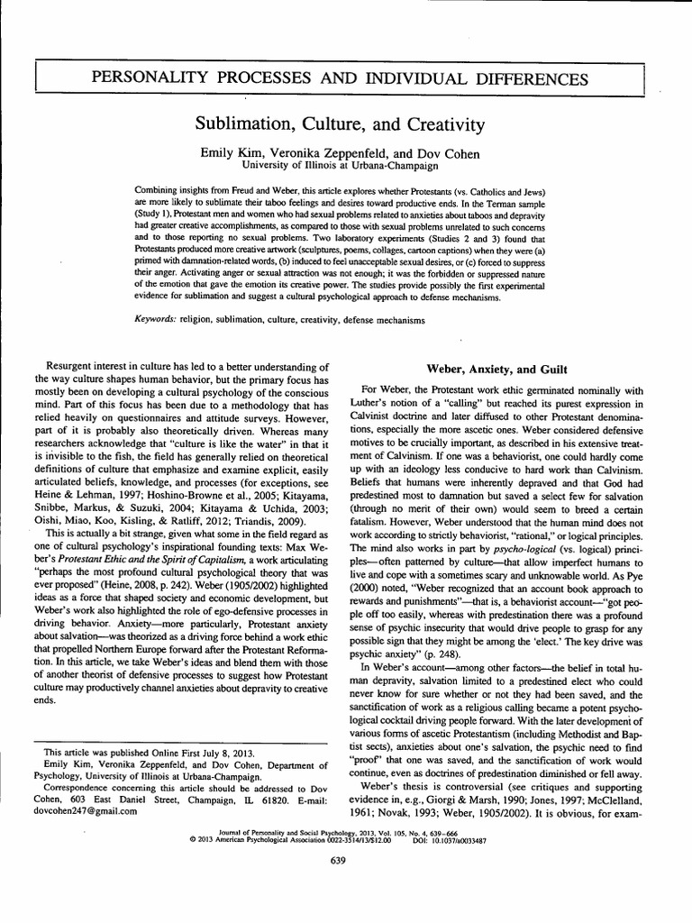 Sublimation Culture Creativity Pdf Max Weber Defence Mechanisms