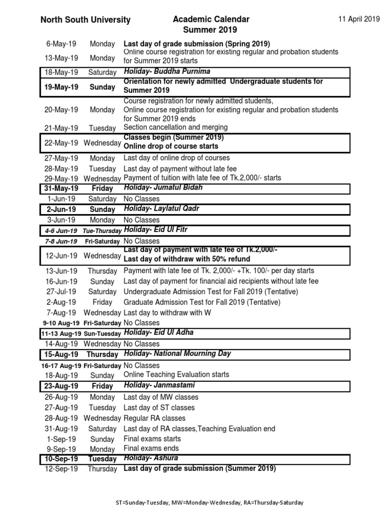 North South University Academic Calendar Summer 2019 HolidayBuddha