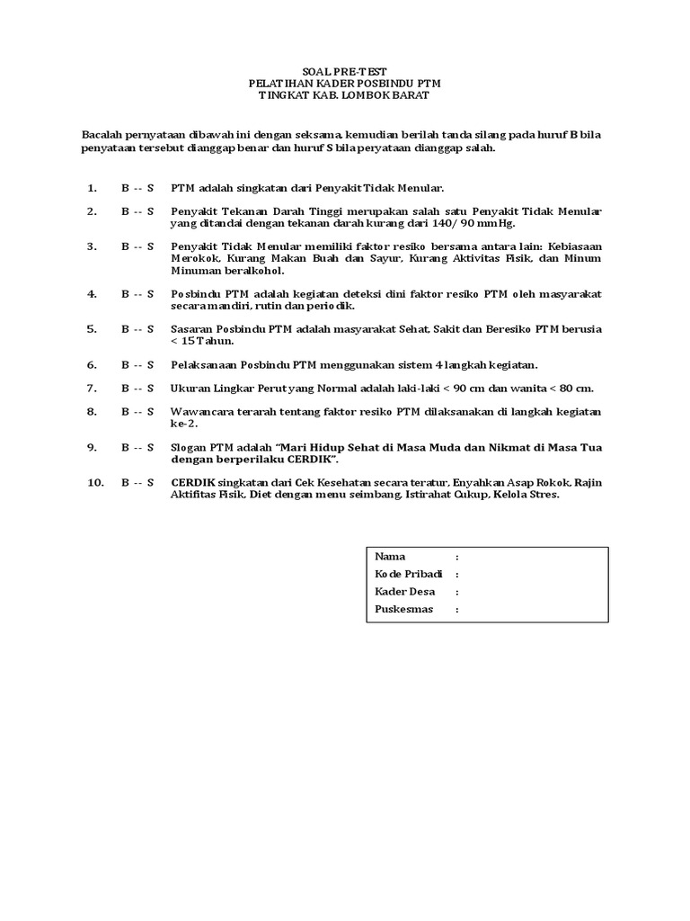 Soal Pre Dan Post Test Posbindu Ptm