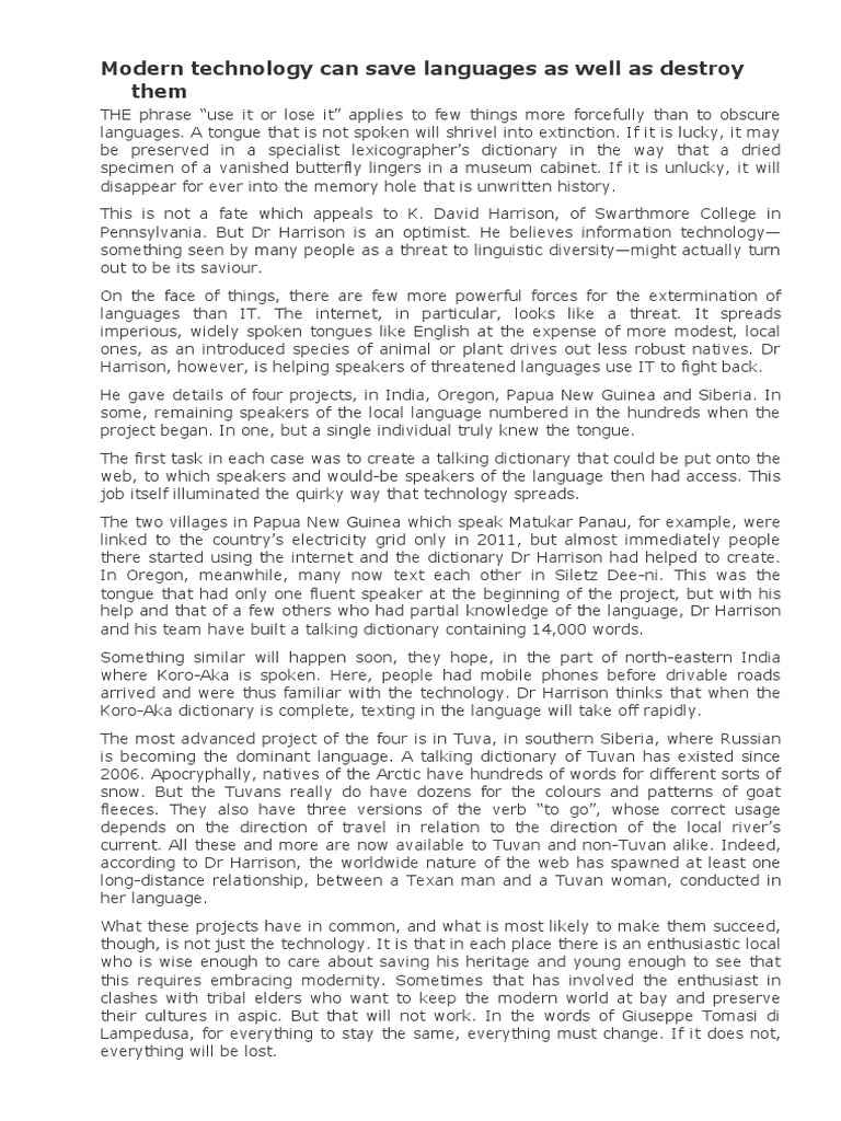 Modern Technology Can Save Languages 1 Page | PDF | Cognition | Linguistics