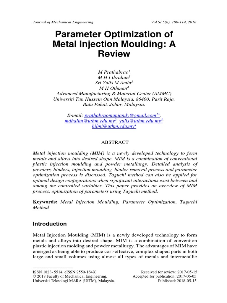 Parameter Optimization of Metal Injection Moulding: A Review | PDF ...
