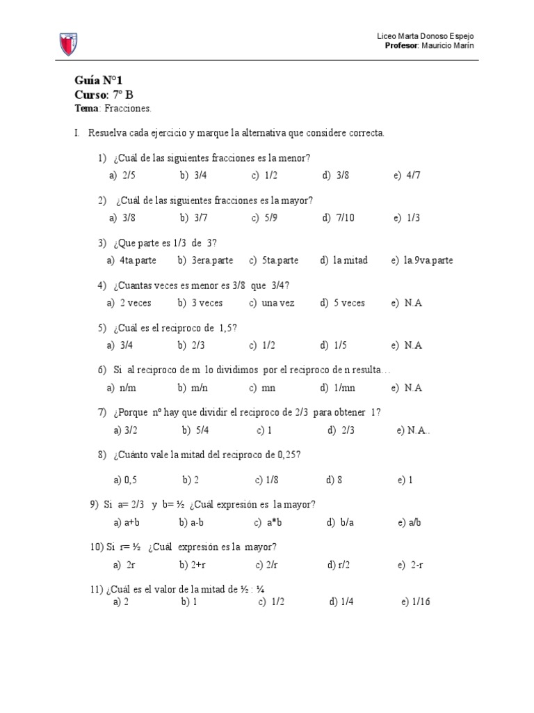 Guia N 1 Curso 7º B Tema Fracciones Matematicas