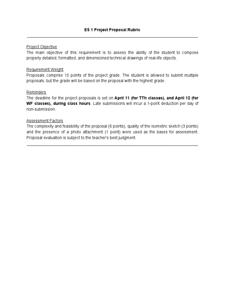 ES 1 Project Proposal Rubric | PDF | Teaching Methods & Materials