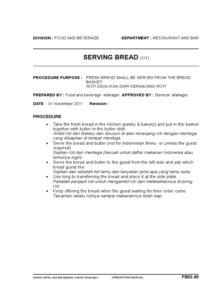 Bread Service Guidelines | PDF | Cooking, Food & Wine | Home & Garden