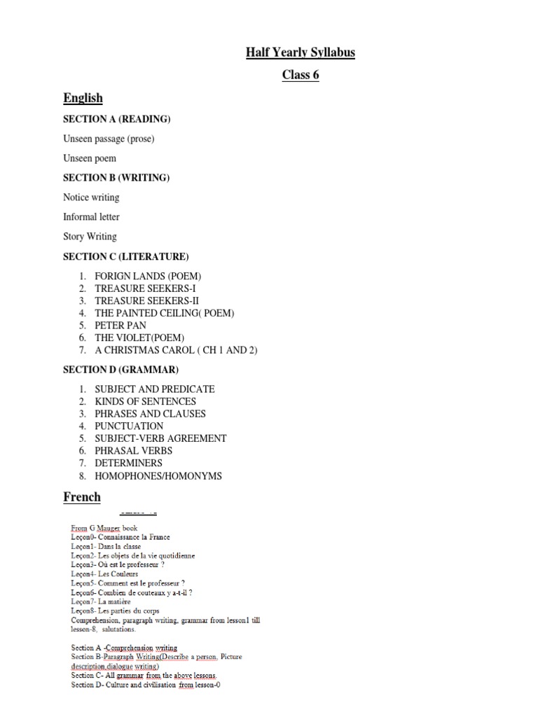 Class 6 English Half Yearly Syllabus | PDF