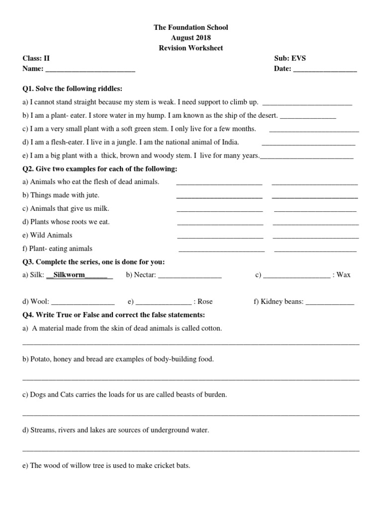 revision worksheet class 2 evs pdf organisms plants
