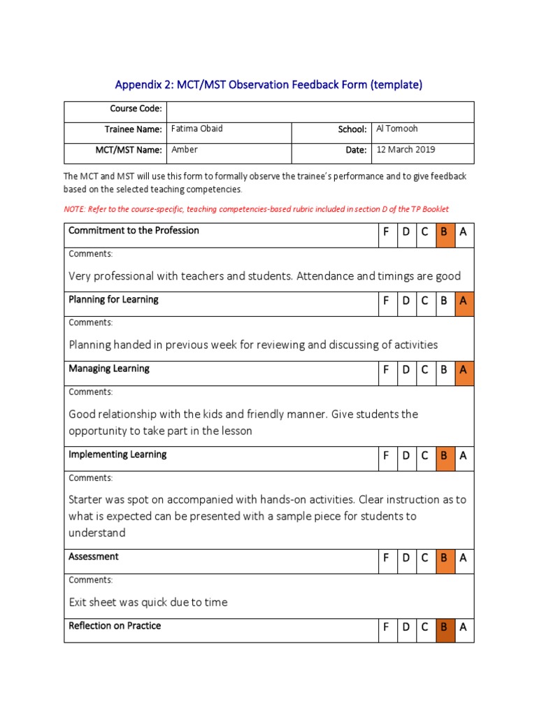 MCT/MST Observation Feedback Template | PDF