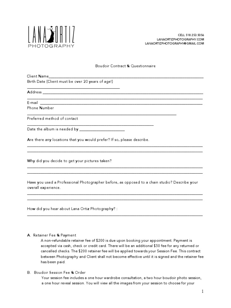 Boudoir Contract | PDF | Indemnity | Fee