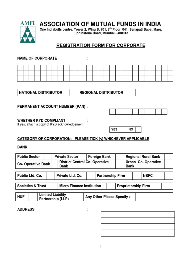 Association of Mutual Funds in India: Registration Form For Corporate ...