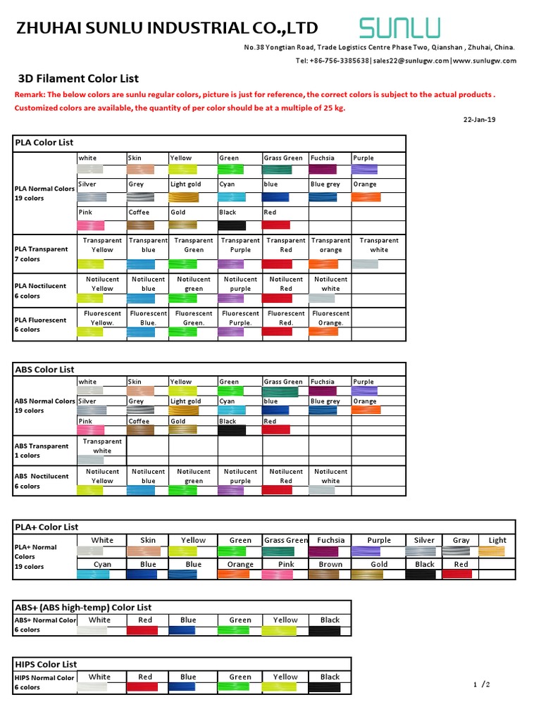 Sunlu 3D Filament Color Chart | PDF | Green | Grey