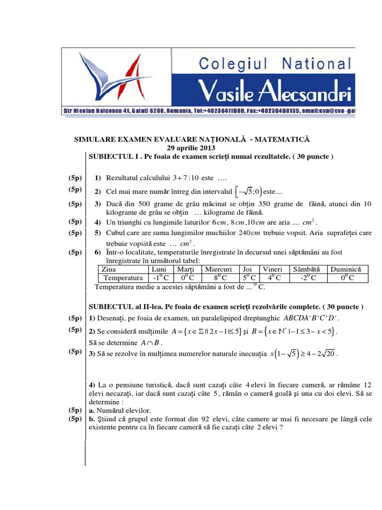 Galati Matematica Subiecte Simulare Evaluare Nationala 2013 | PDF
