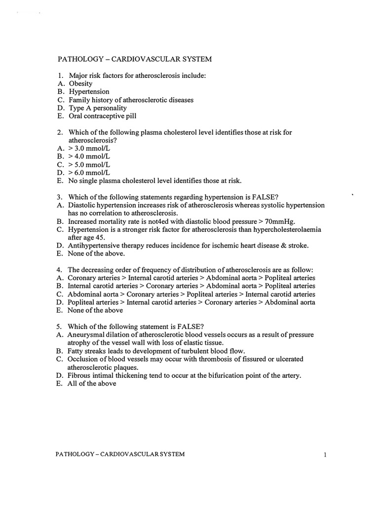 003 Pathology Mcq Acem Primary Cardiovascular Pdf Atherosclerosis