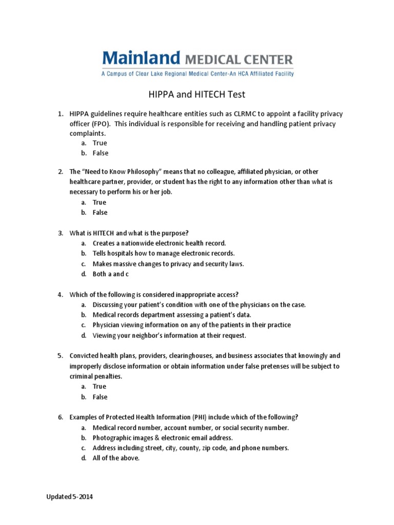 Hippa Test PDF Health Insurance Portability And Accountability Act