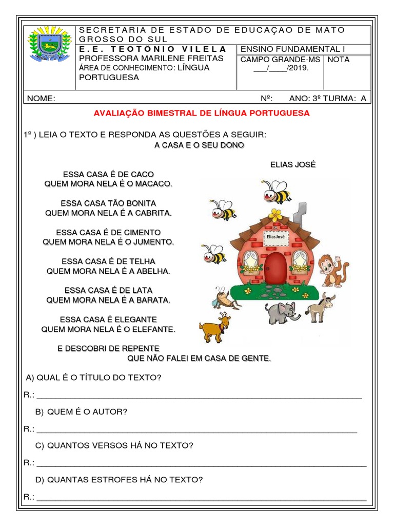 Prova de Português 3º Ano - 1º Bim | PDF | Sílaba | Linguística