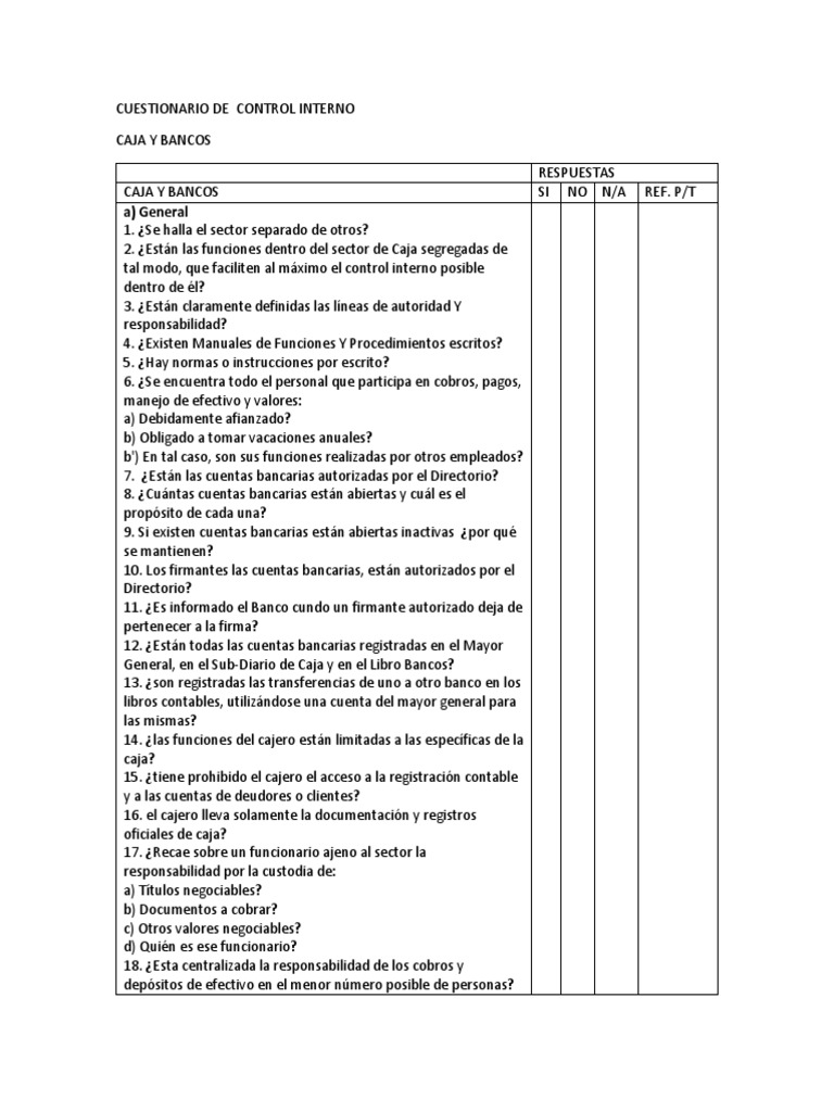 Cuestionario de Control Interno: Caja y Bancos | PDF | Cheque | Efectivo