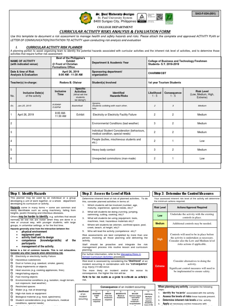 Curricular Activity Risks Analysis & Evaluation Form | PDF | Personal ...