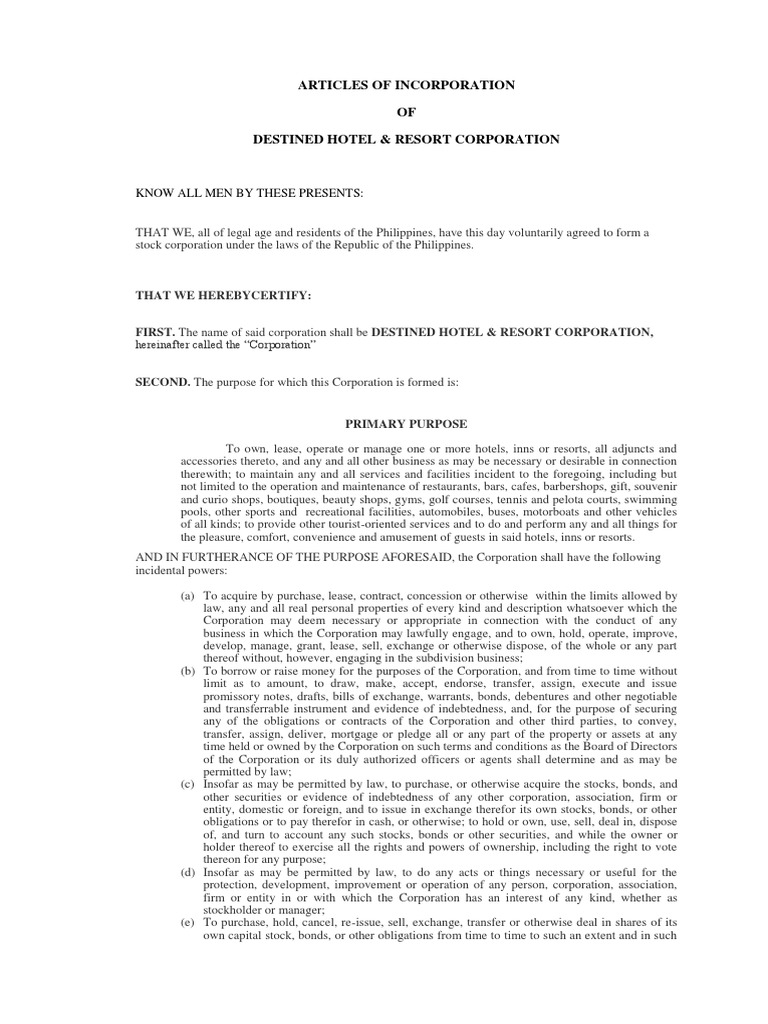 Revised Articles of Incorporation | Download Free PDF | Corporations ...