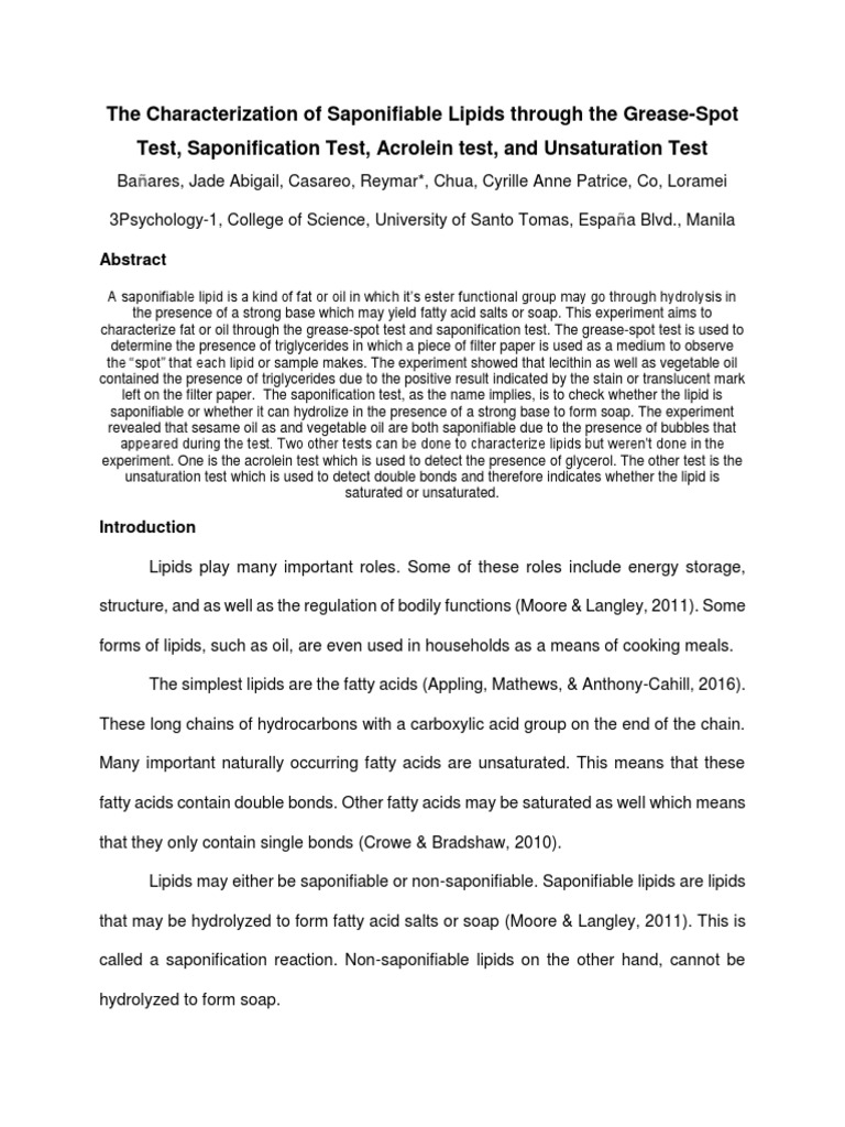 The Characterization of Saponifiable Lipids PDF Lipid Fatty Acid