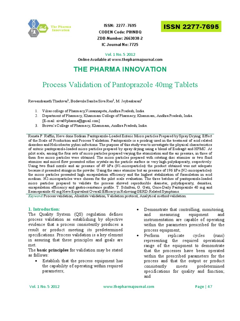 Process Validation of Pantoprazole Tablets | PDF | Verification And ...