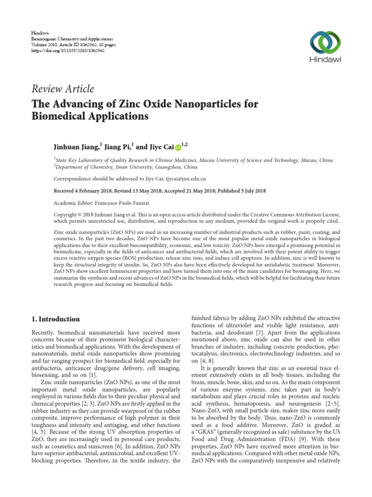 Review Article: The Advancing of Zinc Oxide Nanoparticles For ...