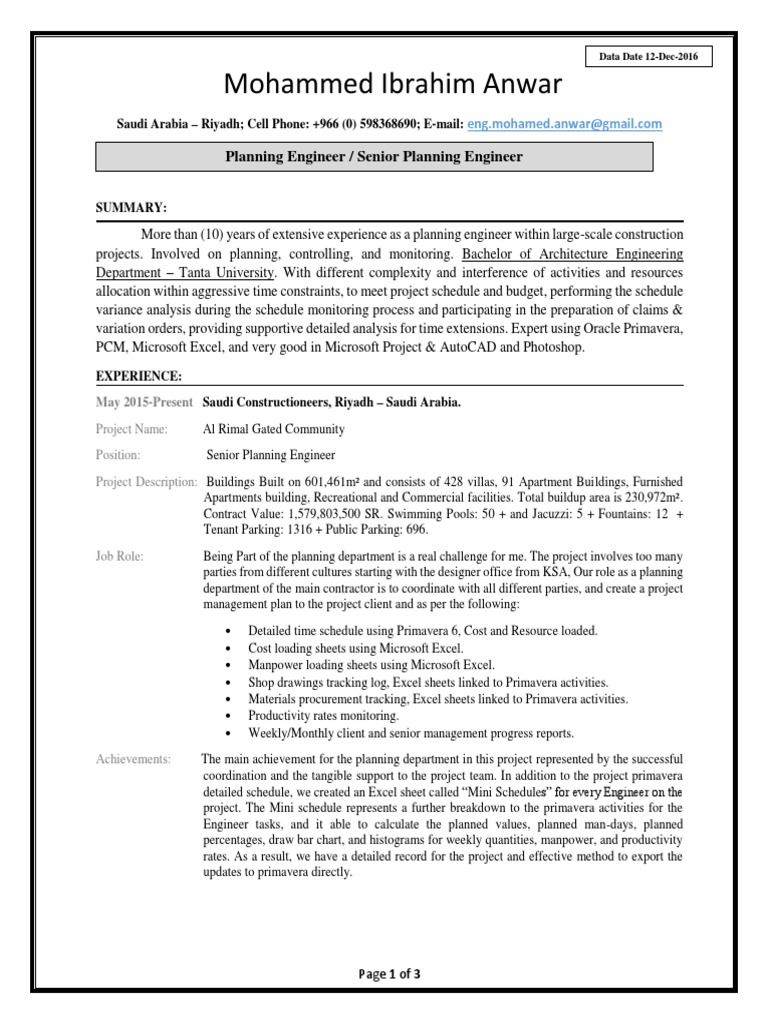 Mohammed Ibrahim Anwar Planning Engineer / Senior Planning Engineer