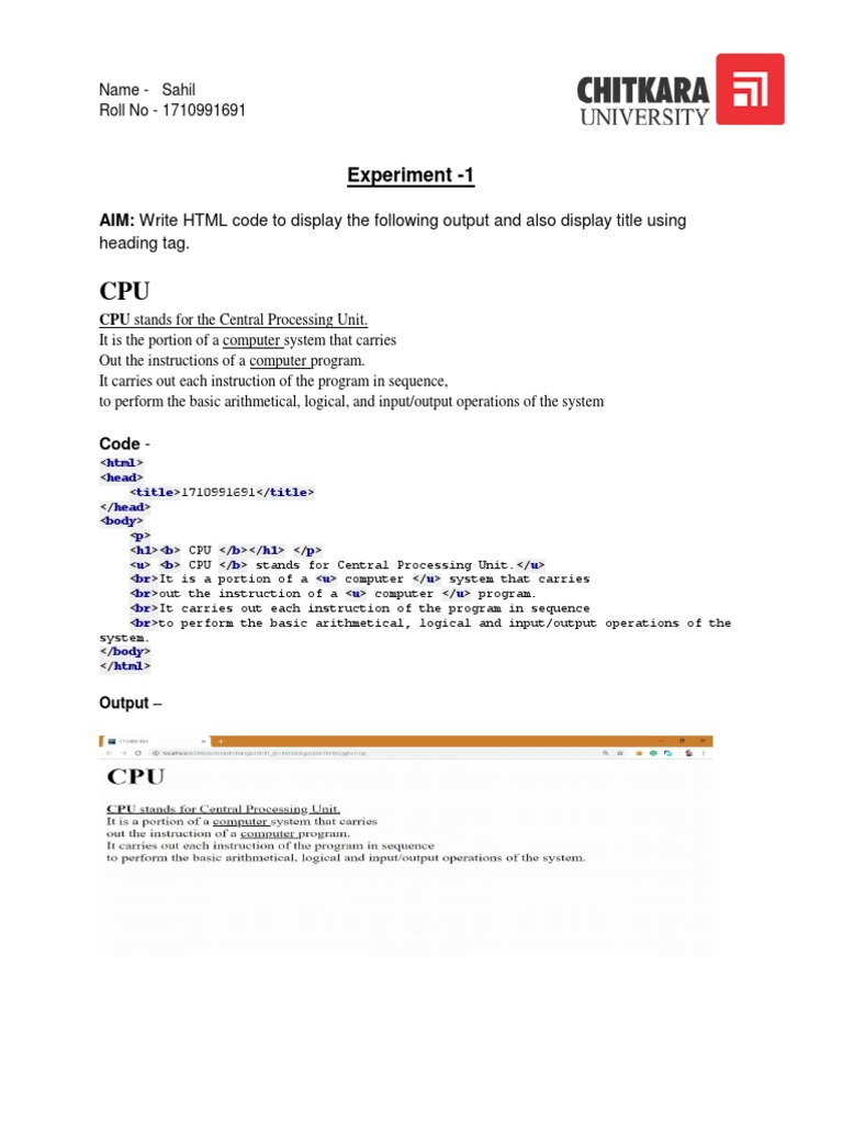 Experiment - 1: AIM: Write HTML Code To Display The Following Output ...
