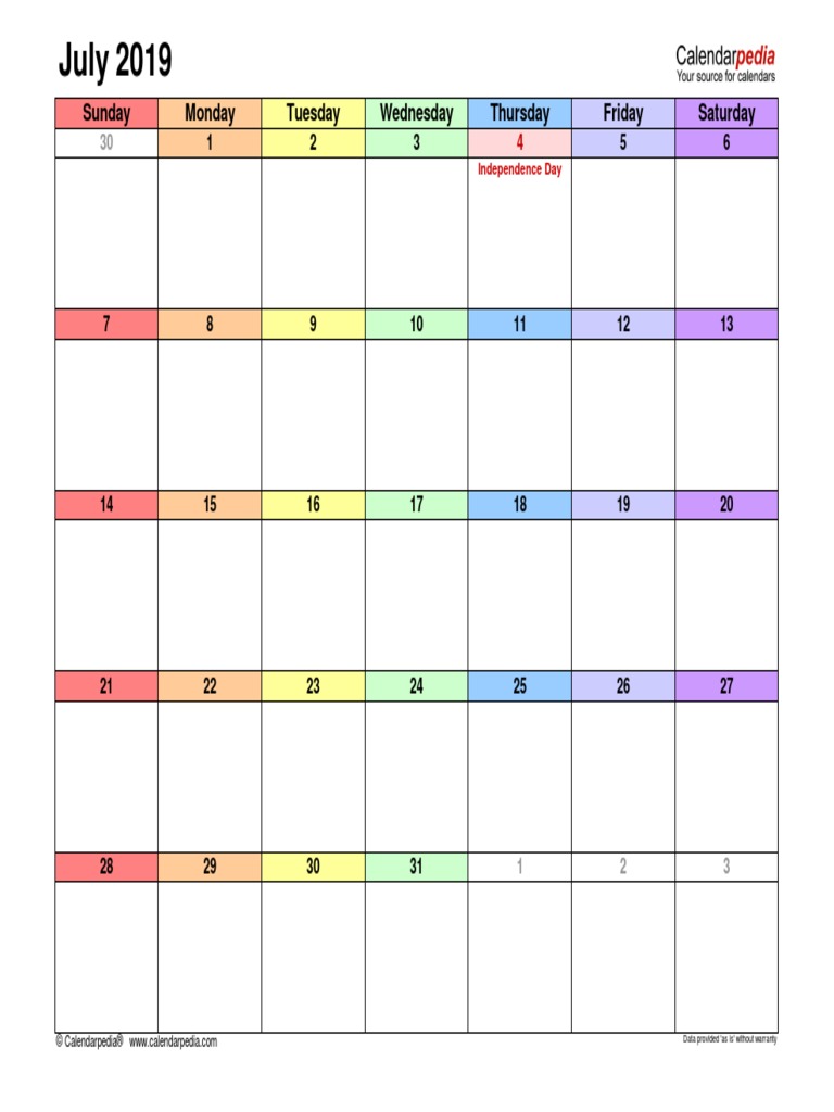 July 2019 Calendar Landscape | PDF