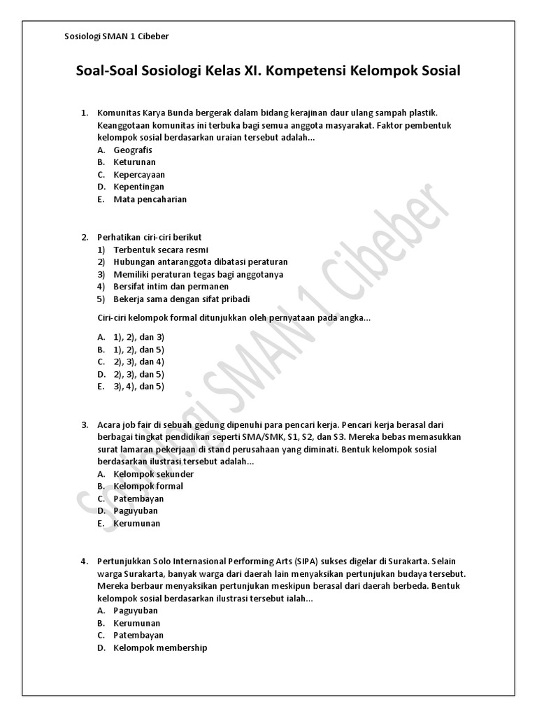 Soal Soal Sosiologi Kelas Xi Kompetensi Kelompok Sosial