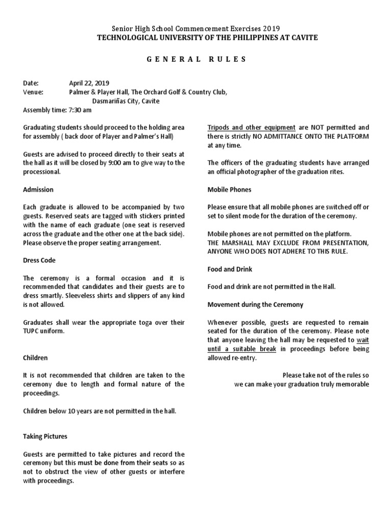 2019 TUP Cavite Graduation Guidelines | PDF | Graduation | Ceremonies