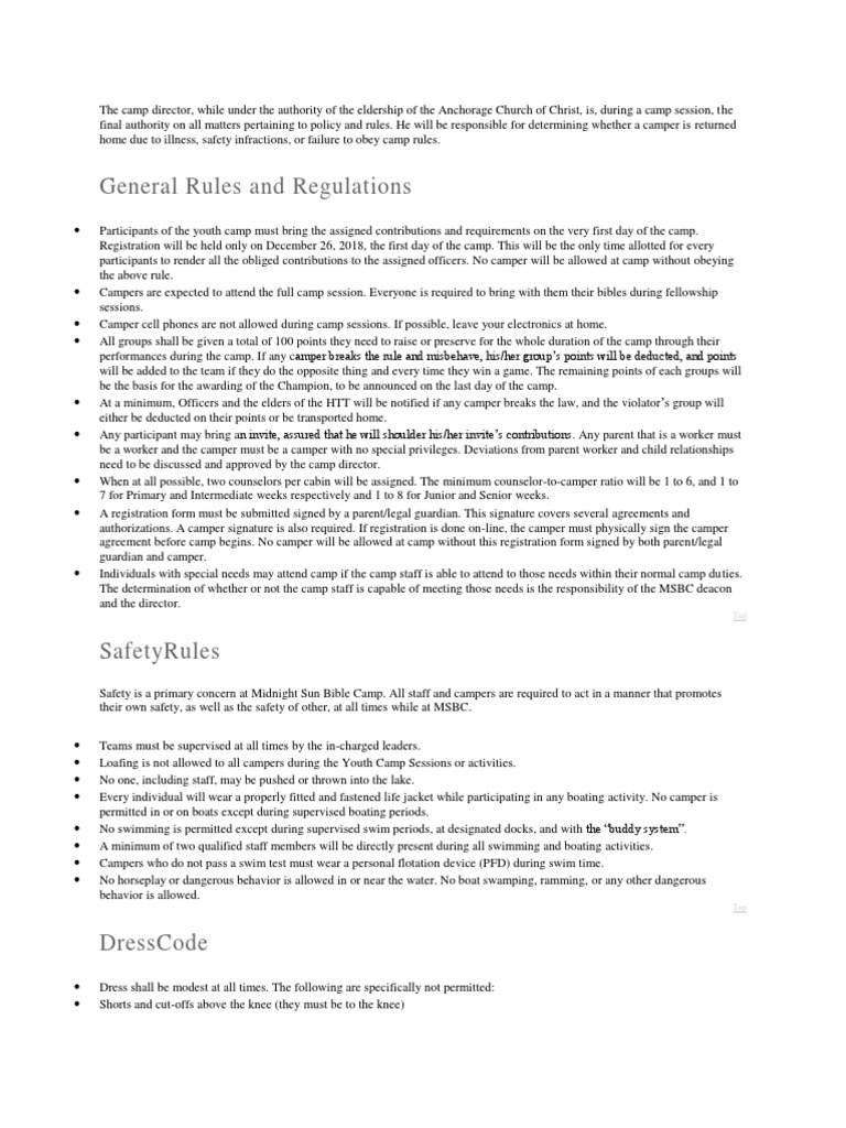 Youth Camp Rules | PDF | Campsite | Legal Guardian