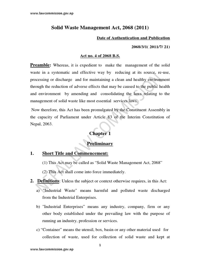 Solid Waste Management Act 2068 Overview | PDF | Municipal Solid Waste ...