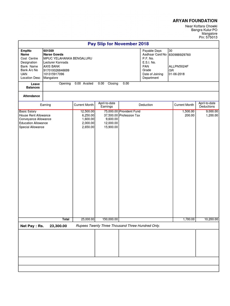 November 2018 Salary Slip Sample | PDF | Government Finances | Taxes