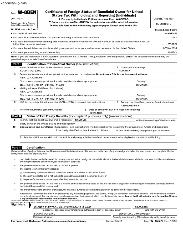 W-8BEN: Certificate of Foreign Status of Beneficial Owner For United ...