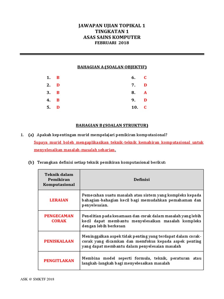 2018 Ujian 1 Ting 1 Jawapan Pdf