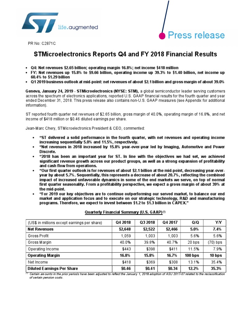 Stmicro - Q4-Fy2018 PR - Final | PDF | Net Income | Equity (Finance)