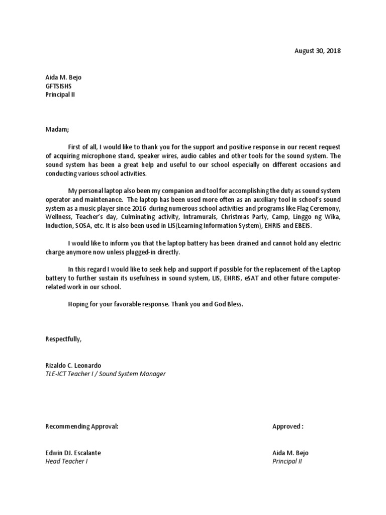 Laptop Battery Request Letter